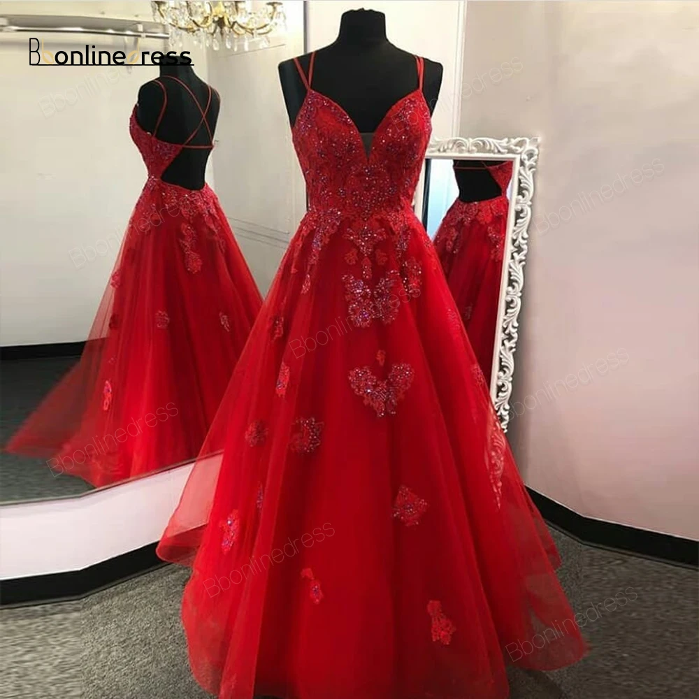 

Youthful Red Prom Dress Lace Appliques Long Prom Dresses Spaghetti Strap Formal Party Gown Charming Prom Gowns vestido-de-festa