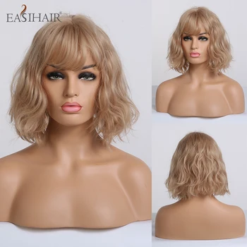 

EASIHAIR Short Blonde Wave Synthetic Wigs for Women Bob Wigs with Bangs Heat Resistant Natural Wavy Cosplay Wigs Bob Wig