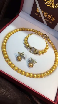 

D410 Pearl Set Fine Jewelry Natural 9-10mm Almost Round Fresh Water Golden Pearls Jewelry Sets for Women Presents