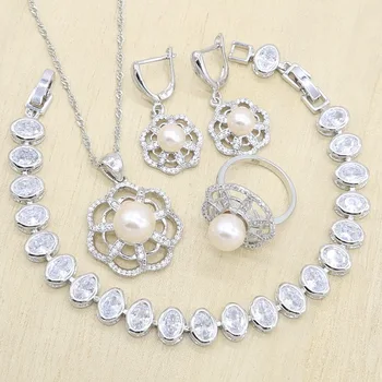 

Silver Color Pearl Jewelry Sets for Women White Zircon Bracelet Necklace Pendant Earrings Ring Birthday Gift