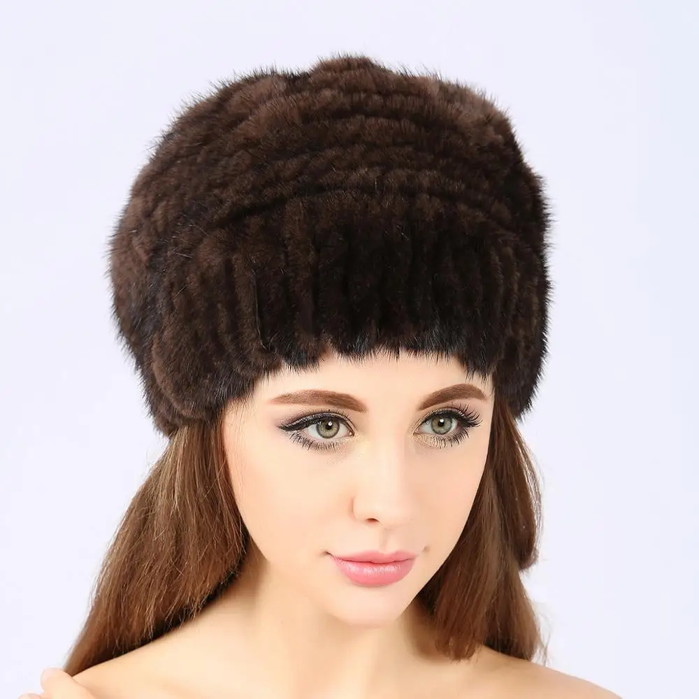 New Fashion Style Mink Fur Kinnted Cap Animal Fur Hats ladies Winter Hat With Fur Garpe Woman Stylish Hats