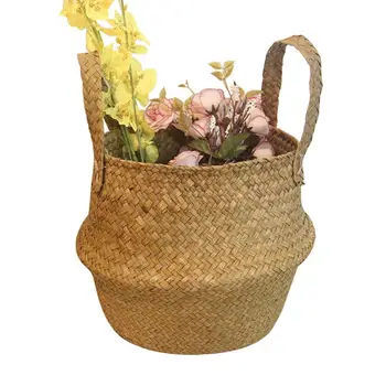 

Folding Natural Seagrass Woven Basket Garden Flower Vase Rattan Baskets Clothes Organizer Storage Baskets Hanging panier D2