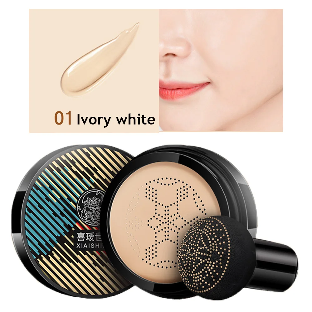 1Pc Waterproof Longlasting Ivory White Natural Foundation Air Cushion BB Cream With Mushroom Puff Sponge Brightening Concealer