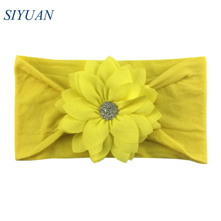15-yellow 15 шт./лот крещение детей чалма, закрывающая уши мягкая широкая нейлоновая эластичная заставка с многослойным слоем шифон цветок Стразы HB109 - Цвет: 15-yellow
