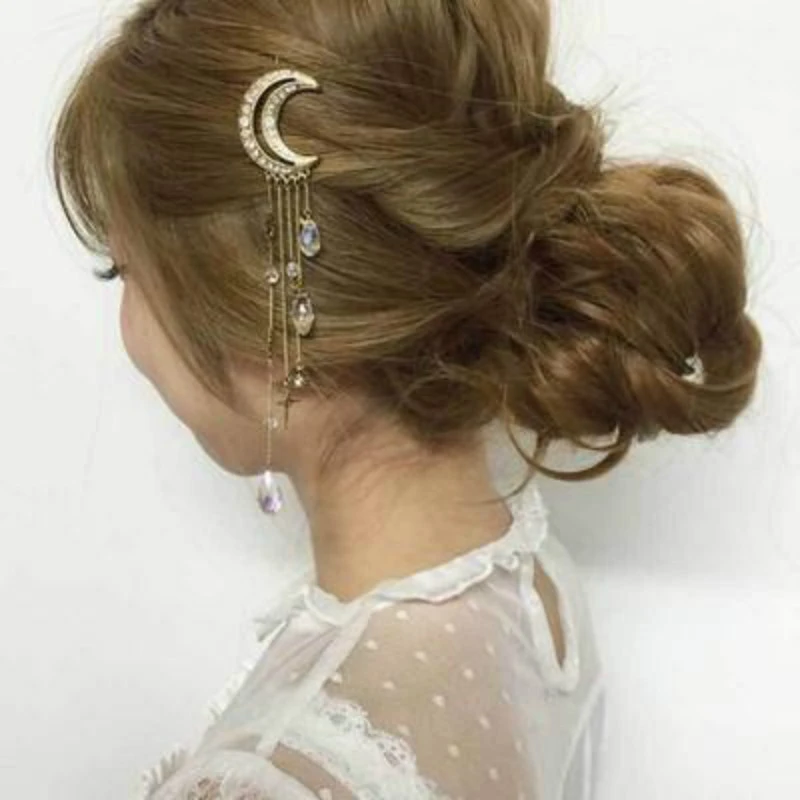 Fashion Moon Pentagonal Star Crescent Pendant Hair Clip for Women Elegant Snap Barrette Stick Hairpin Styling Accessories,E 