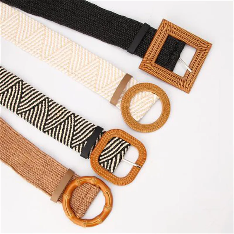 

Хит продаж, Женский плетеный пояс в стиле бохо, летний Однотонный женский ремень с круглой квадратной пряжкой, широкие ремни из соломы
