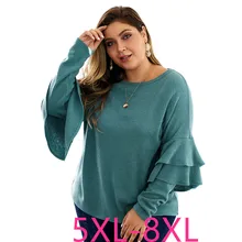 Осень зима размера плюс Топы для женщин вязанная рубашка с длинным рукавом Свободный Повседневный свитер пуловер с круглым вырезом синий 5XL 6XL 7XL 8XL