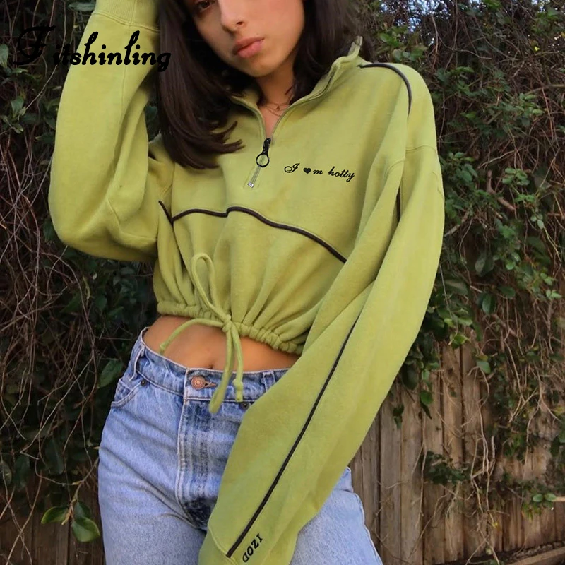 

Fitshinling Cotton Embroidery Letter Sweatshirt Woman Winter Clothing Hoodies Zip Up Stand Collar Drawstring Crop Poleron Mujer