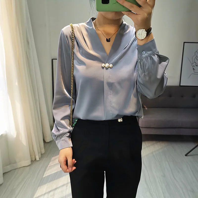 

Spring Korean Version Of Loose Temperament V-Neck Smooth Satin Pullover Women's Long-Sleeved Bottoming Top Shirt