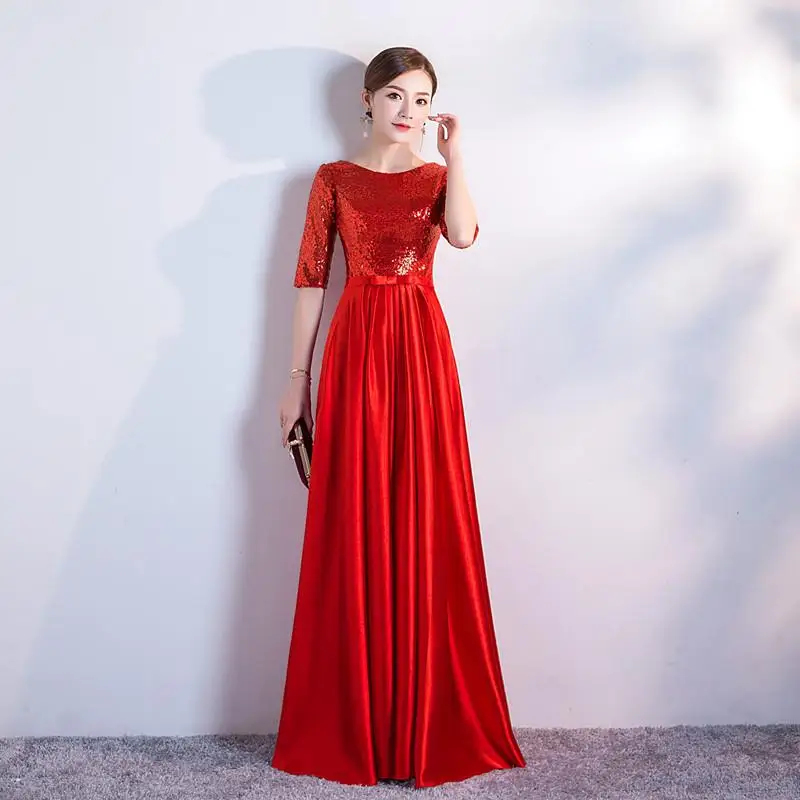 Платье для выпускного вечера для маленьких леди в китайском стиле с блестками, украшенная стразами; большие размеры Cheongsam Перспектива длинный халат кружево полурукав вечернее Вечерние платья - Цвет: Red C