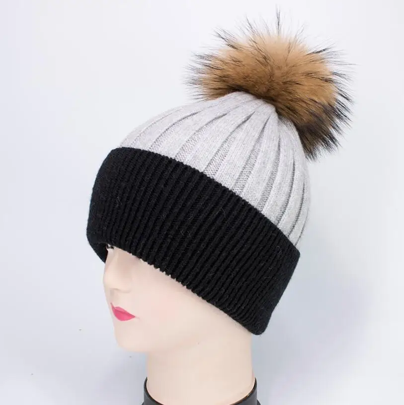black grey gold YC Fur, зимние шапки, шапка s для женщин, двойные цвета, вязаные шерстяные шапочки, Skullies, с меховым помпоном большого размера, женская шапка - Цвет: black grey gold