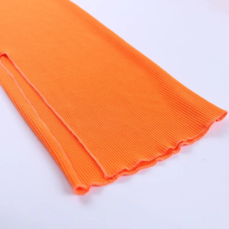 BOOFEENAA, сексуальный комплект из двух предметов, оранжевый вязаный укороченный Топ с длинным рукавом и штаны с разрезом, спортивный костюм, женские комплекты, C66-AF97