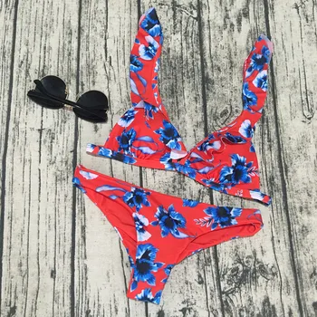 

Boho Pineapple Print 2 Piece Women Ruffled Bra Set Sexy Push Up Padded Female V Neck Two-Pieces Bathing Suits Summer Beachwear