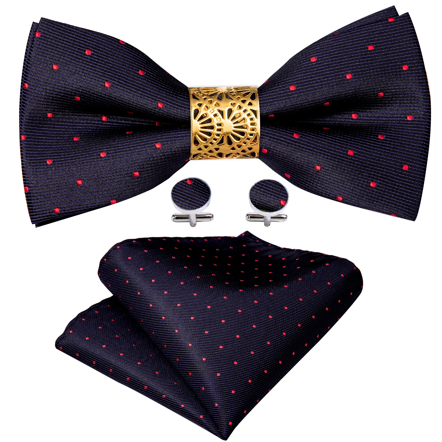 

Fashion Red Dot Silk Pre-Bow Tie For Men Wedding Accessorie Adjustable Butterfly Handky Removable Gold Ring Set Barry.Wang