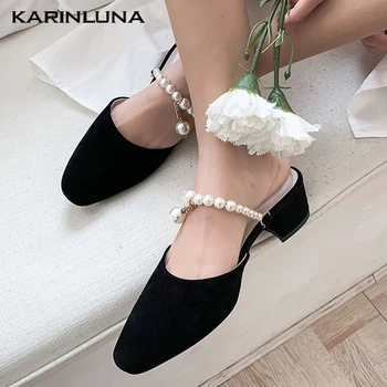 

Karinluna New Arrivals Suede And Leather Chunky Heels Beading Summer Mules Pumps women's Shoes Woman
