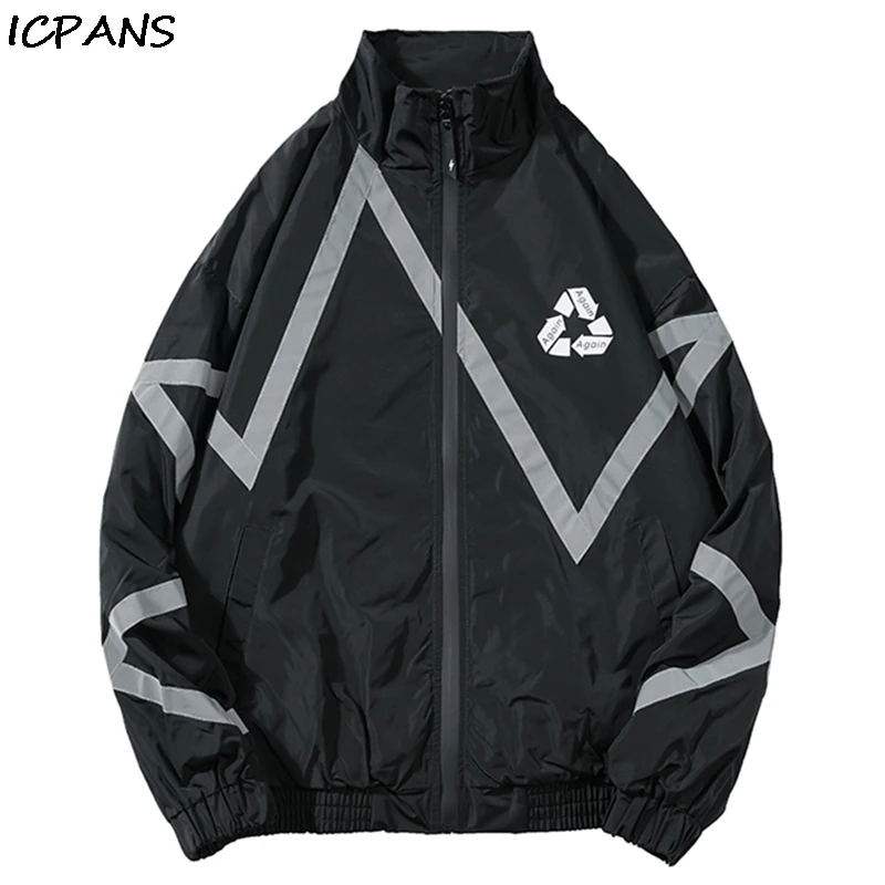 

ICPANS 3M Reflective Striped Zip Up Windbreaker Track Jackets Men 2019 Hip Hop Casual Outwear Jacket Coats Male Fashion Tops
