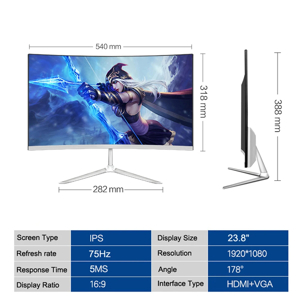 24 inch Curved 75Hz Monitor Gaming Game Competition 23.8" Led/IPS Computer Display Screen Full Hdd input 5ms Respons HDMI/VGA