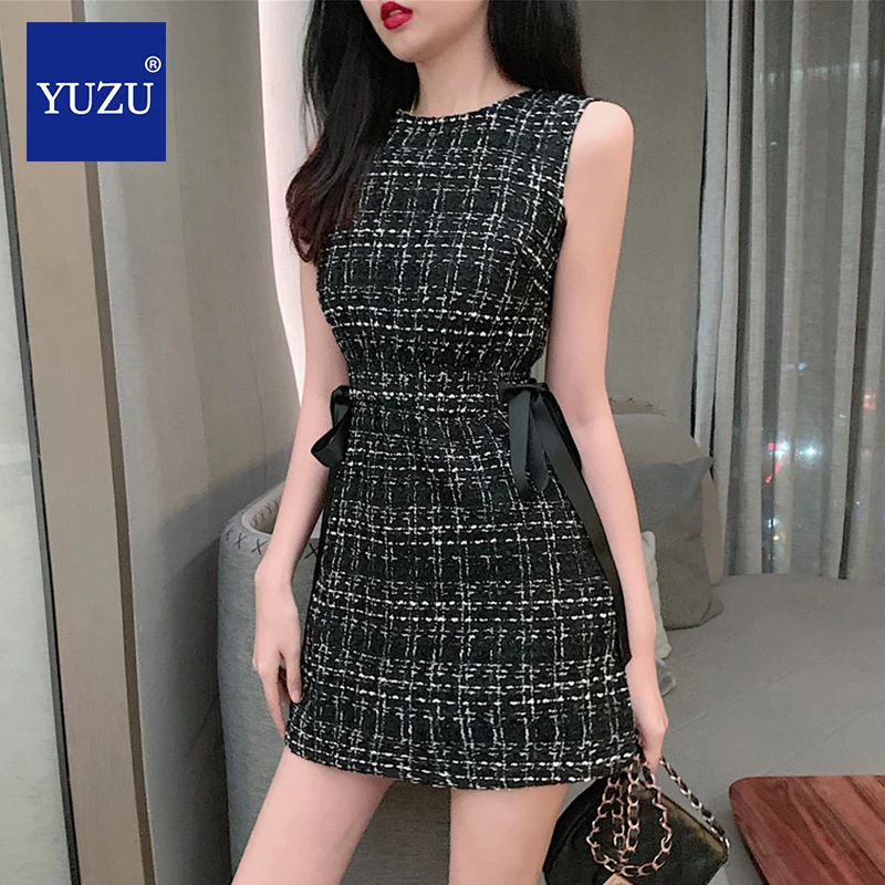 

Tone Tartan Pattern Mini Dress Women Sleeveless O Neck Sexy Dress Spring Summer Slim Fit Bodycon Dress Black Plaid Dresses