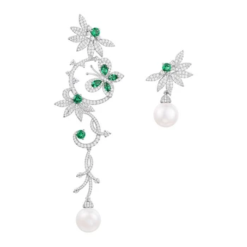 

Fashion 925 Sterling Silver Flower Drop Earrings Paved AAA Zircon Green Stone Freshwater Pearl Asymmetry Earring Women Jewelry