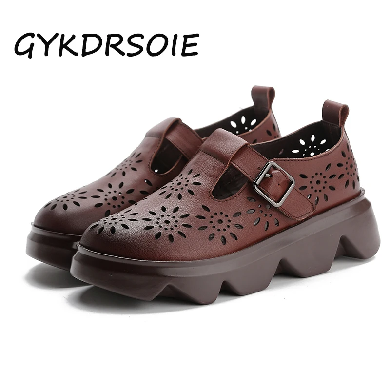 Summer Ladies Sandals Gladiator Hollow Wedges Buckle Platform Casual Toe Top Layer Cowhide Material Single Shoes | Обувь