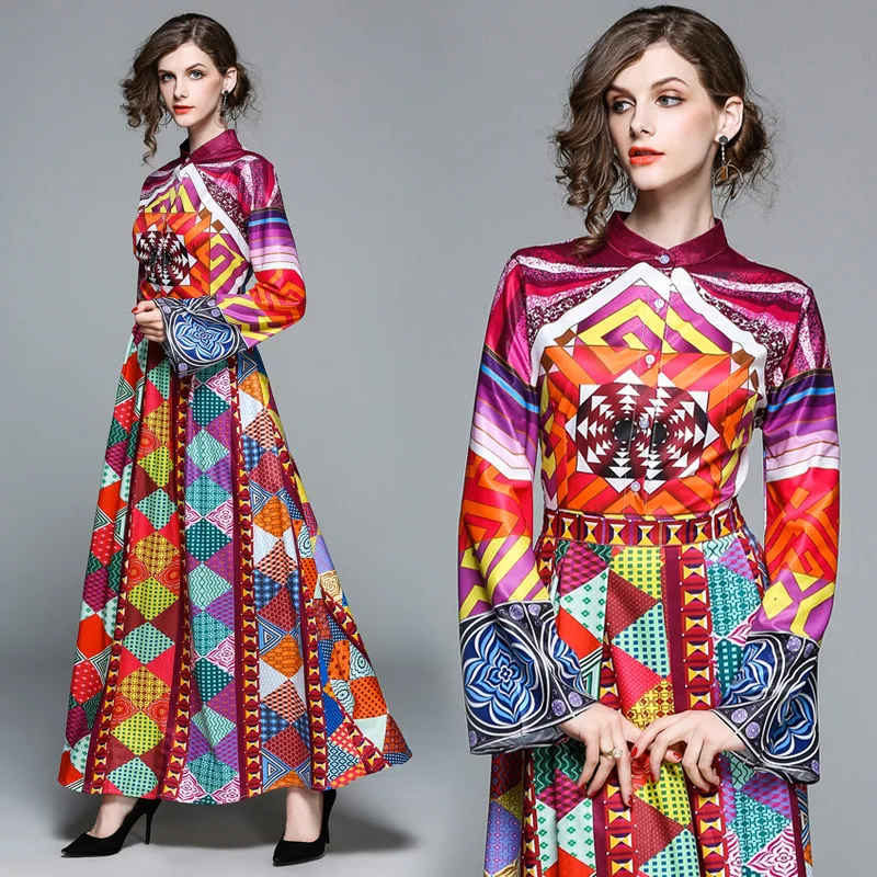 

Ozhouzhan Trend Photo Shoot Women's Dress 2018 Spring New Products Printed Long Sleeve Long Skirts Elegant Big Hemline Dress