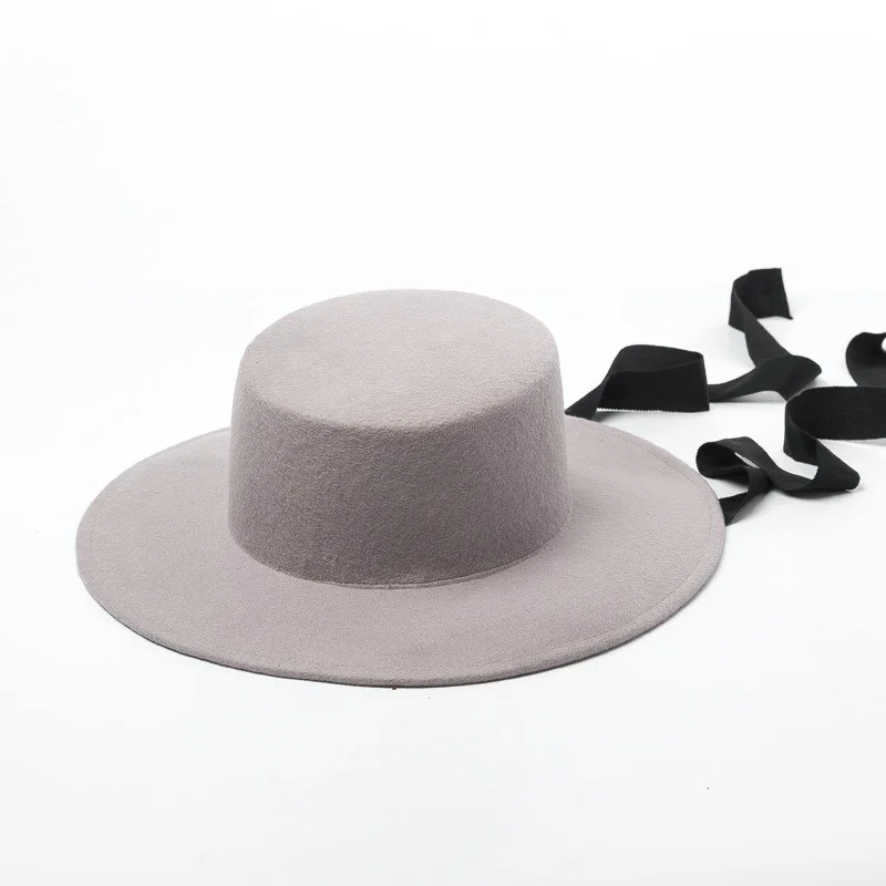 

Autumn Winter Women Formal Hat Fashion Plus Strap Wool Flat Top Hats Men's Wide Hat Shallow Top Fedora Lady Wool Felt Church Cap