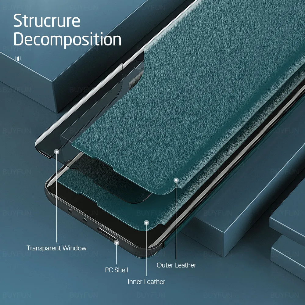 xiaomi leather case glass POCO X3 NFC Case Leather Smart Window View Stand Flip Case For Xiaomi Mi 10 Redmi Note 9s 9 8 Pro 8T 9A 9C Magnetic Coque Fundas xiaomi leather case card