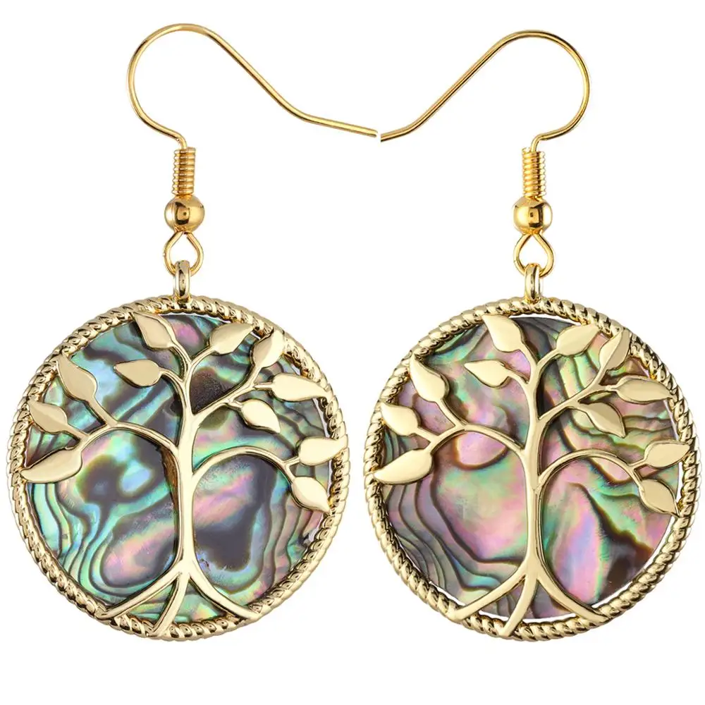 

TUMBEELLUWA Round Abalone Sea Shell Gold Color Dangle Earrings for Women,Flower Tree of Life Drop Hook Earrings Reiki Jewelry