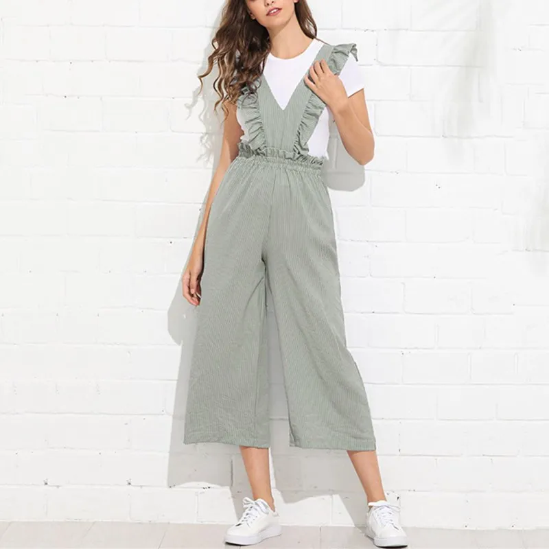 

Nice Women Deep V-Neck Ruffles Jumpsuit Elegant Striped Playsuit Streetwear Wide Leg Casual Overalls