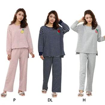 

Women Pajamas Set O Neck Cartoon Kawaii Striped Cartoon Sleepwear Female Casual Winter Pajamas Mujer