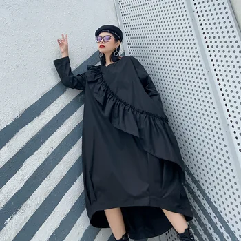 

Plus Size Women Clothing Spring Autumn Long Sleeve Ruffles Splice Black Dress Female Streetwear Gothic Loose Casual Long Dress