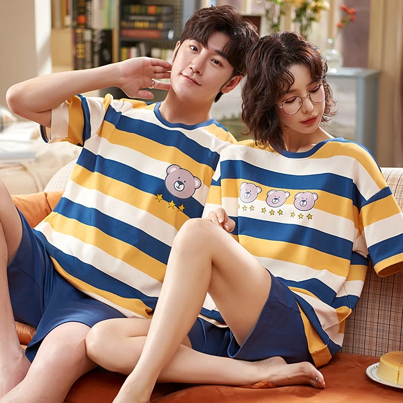 mens pjs set Summer Cotton Couple Pajamas Set Women Men Korean Fashion Blue/Yellow Stripes Sleepwear Leisure Short Sleeve Cartoon Nightwear best mens pajamas