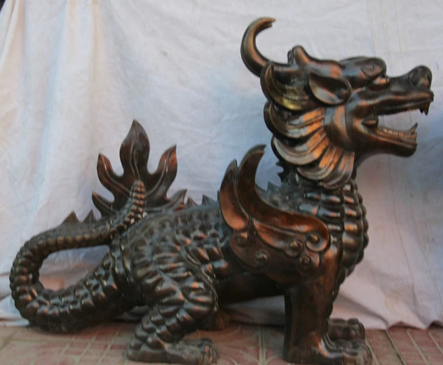 001459 3" Китайский Бронзовый зверь муха Kylin Chi-lin Qilin Скульптура Статуя Пара(A0414