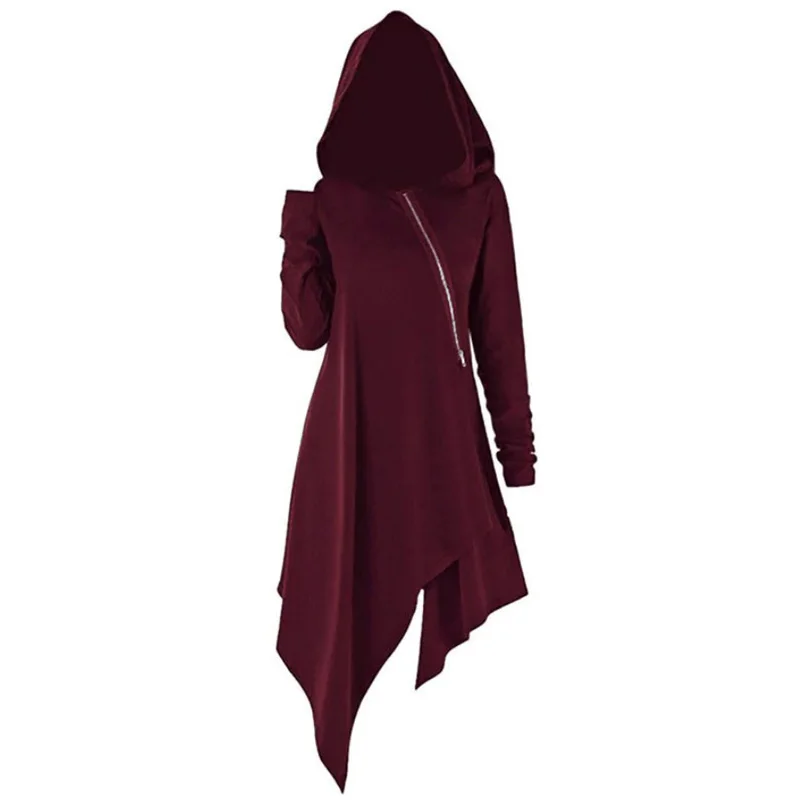  Women Hooded sweatshirt Irregular Hem Tops Pullover Jumper Vintage Long Sleeve Solid Color zipper a