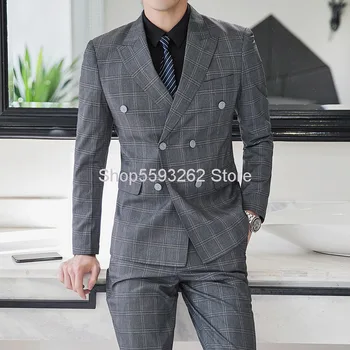 

Men Big Size Double Row Buckle Suit Fat Man Plus Fat Plus Gray Lattice Suit Suit Pack Male Soil Marriage Handsome