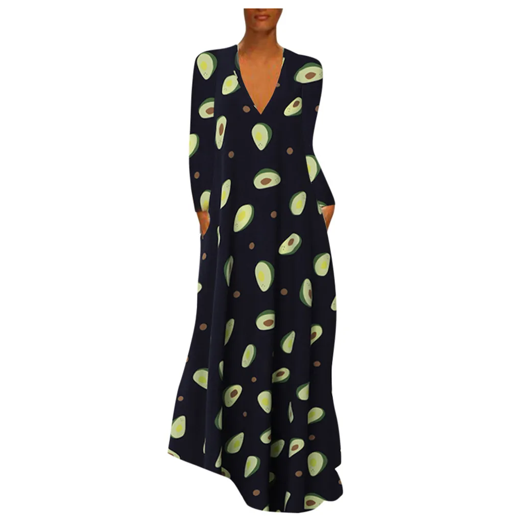

Women Bohemian Fruits Printed Maxi Dress Plus Size Long Dress V Neck Sundress High Waist Party Long Dresses With Pocket Vestidos