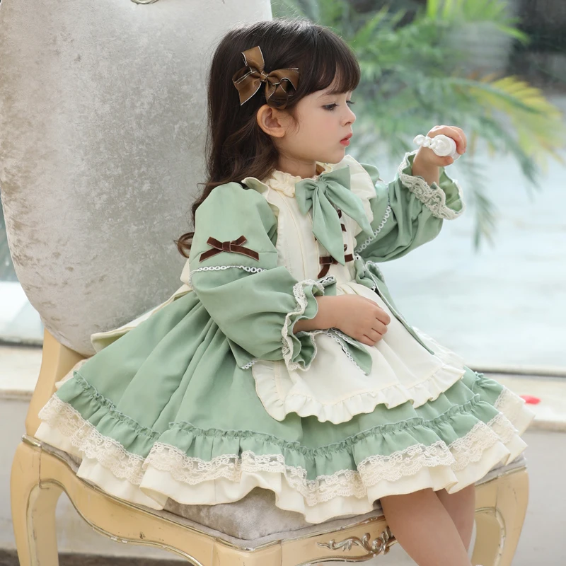 1 2 3 4 5 6 Years Girls Dress For Christmas 2022 Kids Long Sleeve Princess Vintage Green Lolita Apron Winter Fall | Детская одежда и