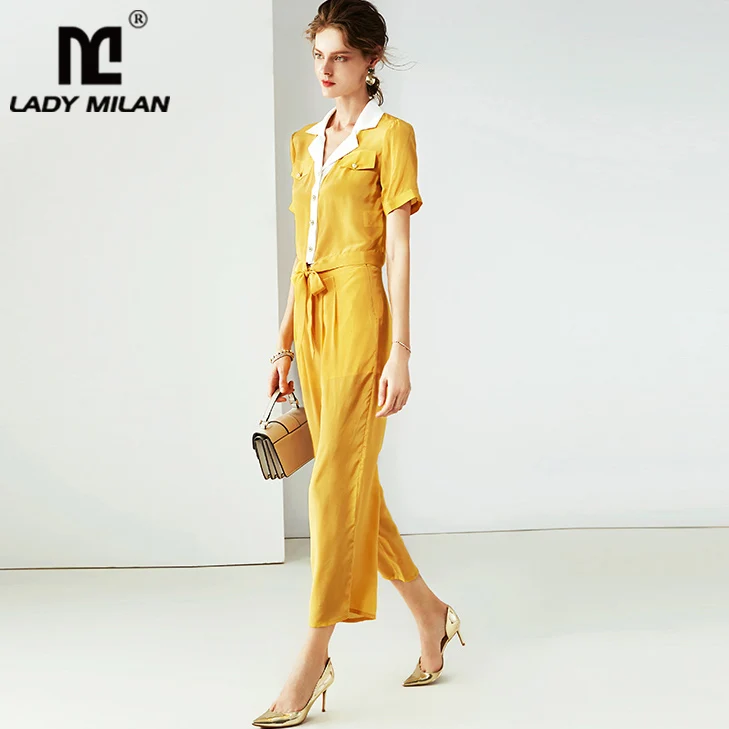 

100% Silk Women's Twinsets Turn Down Collar Short Sleeves Bow Detailing Shirts with Pants Two Piece Pants Sets