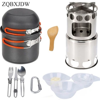 

ZQBXJDW New Portable Survival Outdoor Pot Dish Cookware Set Hiking Camping Aluminum Cookware Wood Burning Furnace Mini BBQ Set