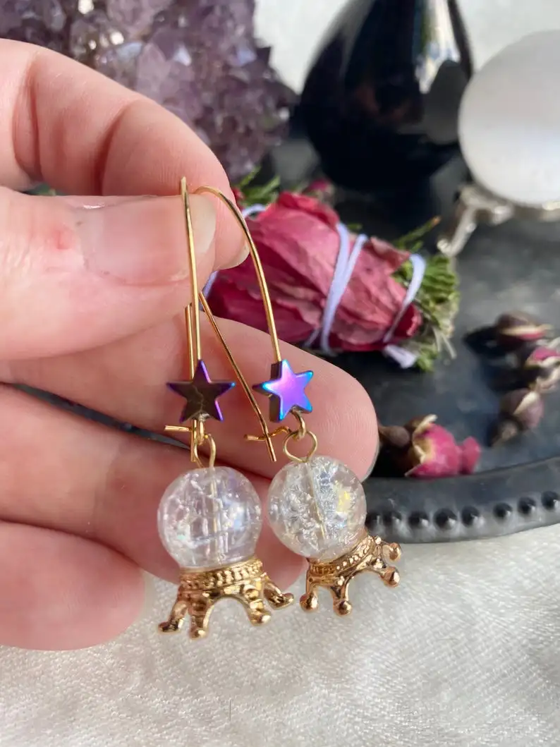 Witch Jewelry Witchcraft Witchcraft Earrings Wiccan Jewelry Fluorite Witch Ball Crystal Earrings Witch Supplies