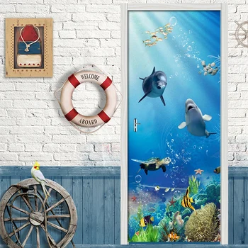 

Removable Door Stickers Underwater World Marine Fish Mural Living Room Bedroom Door Decor Wallpaper DIY Self Adhesive Wall Decal