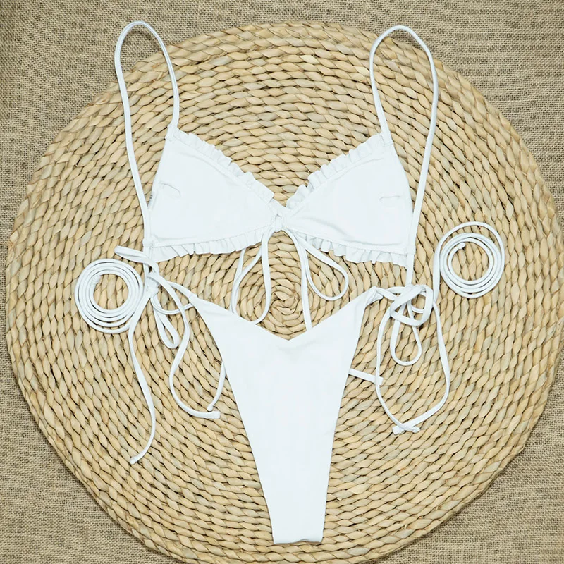 INGAGA Push Up Bikinis Swimwear Women Ruffle Swimsuits White Biquini Bathing Suits Thong Swim Suit 2020 String Bow Bathers