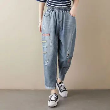 

Summer Spring Ripped Patchwork Boyfriend Jeans Women Loose Vintage Femme Elastic Waist Plus Size Ladies Jean Denim Harem Pants