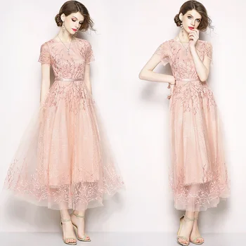 

Sparkle Flower Embroidery Evening Party Dresses Women Short Sleeve O-Neck Long A-Line Mesh Dresses Elegant Pink Tulle Maxi Dress