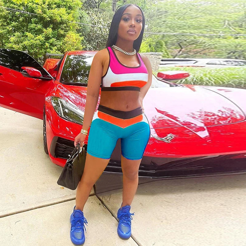 

Женский Повседневный велосипедный комплект, комплект из двух предметов, укороченный топ без рукавов и шорты, летний комплект для отдыха, 2021