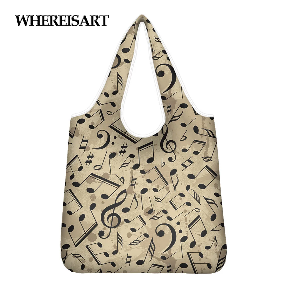 

WHEREISART Reusable Shopping Bag Retro Music Art Pattern Print Foldable Tote Grocery Bag Large Capacity Lady Shopper Handbags