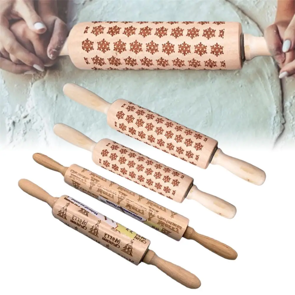 

Snowflake Engraved Wood Embossed Roller Christmas Rolling Pin Baking Cookies Noodle Biscuit Fondant Cake Dough Roller Reindeer