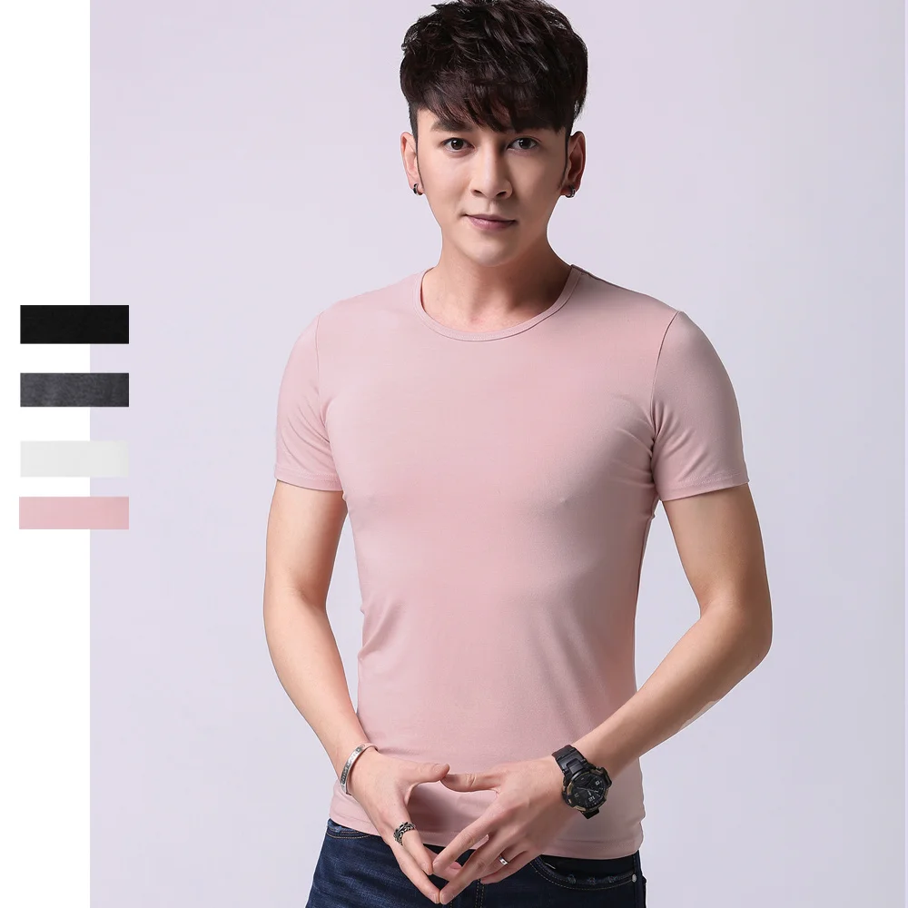 Comfortable Men's Traditional crew neck bamboo fiber viscose undershirt,black white pink gray,short sleeve t shirt men (3)