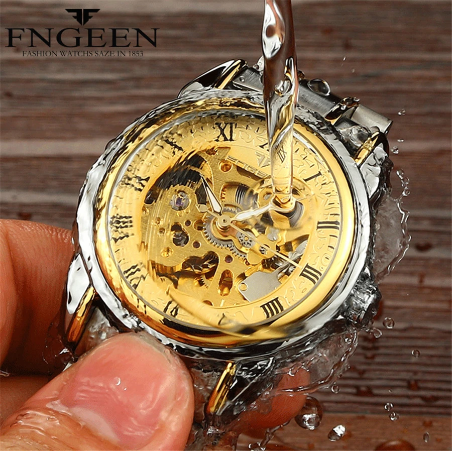 FNGEEN мужские роскошные механические часы с автоматическим заводом и скелетом, золотые водонепроницаемые наручные часы из нержавеющей стали, мужские часы 8866 г