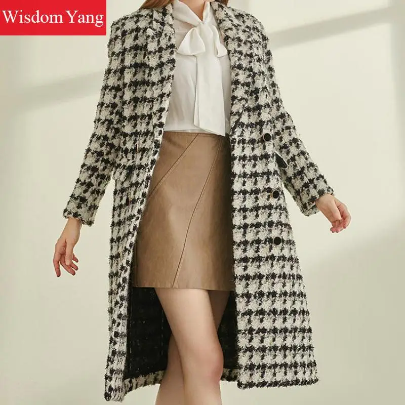 Winter Women Coats Suit Long Warm Woollen Sheep Wool Korean Slime Coat Black Houndstooth Plaid Office Ladies Overcoat Outerwear